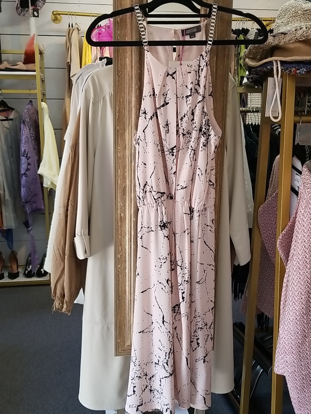 Kenneth Cole Reaction Pale Pink Marble-Print Midi Dress with Chain-Link Straps